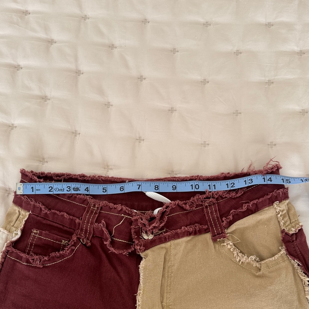 Women’s Patchwork Denim Jeans Wide-Leg Pants in Burgundy, Beige & Ivory size L - Picture 10 of 11
